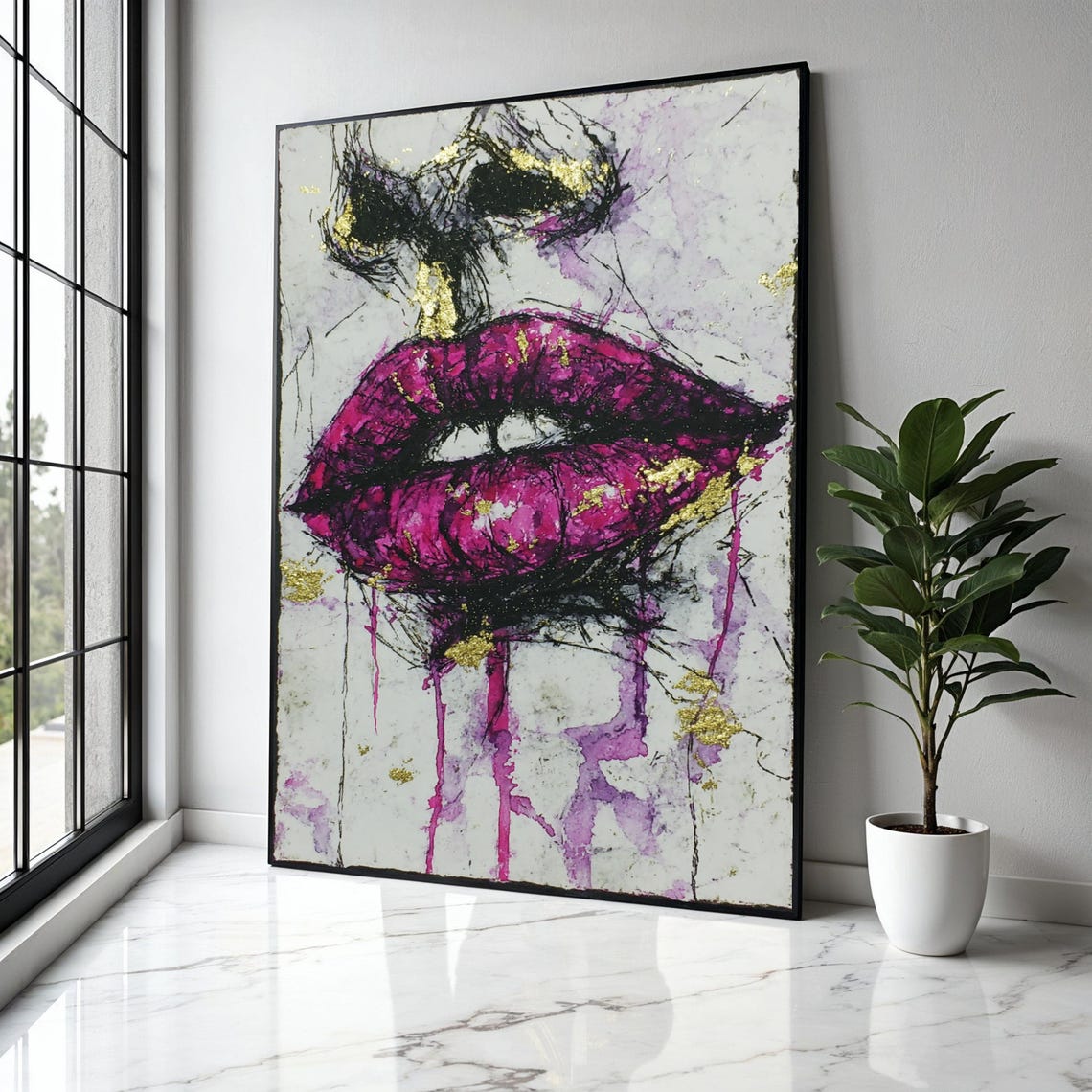 Vivid Magenta Lips With Gold Leaf Abstract Beauty Art Poster