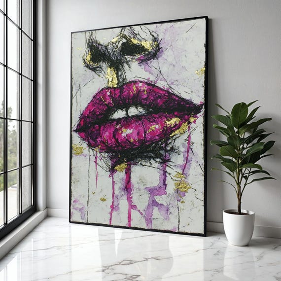 Bold Purple Lips Canvas Wall Art Abstract Face Painting Modern Glamour Artwork Gold Accent Home Dcor Gift Decor Print