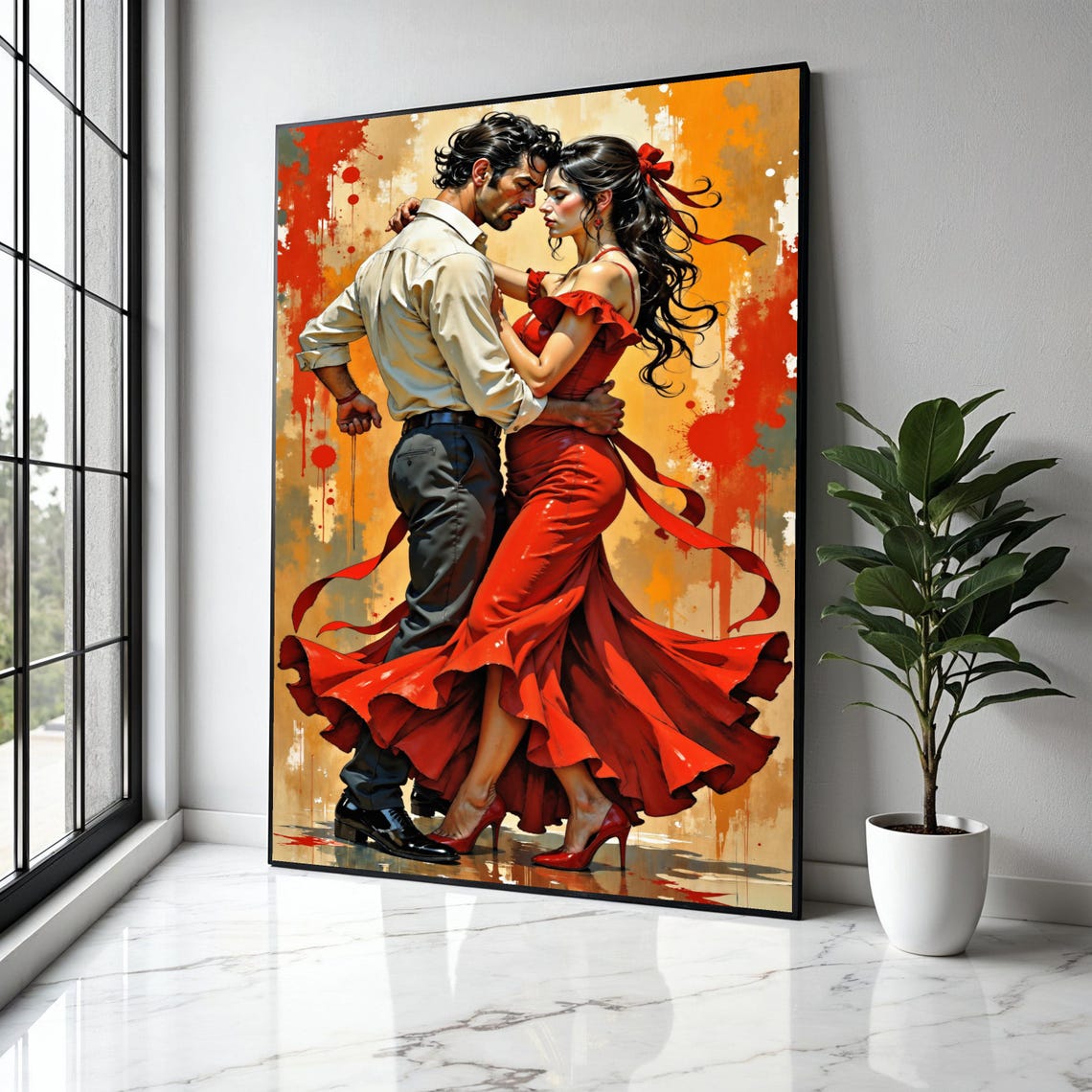 Passionate Dance Couple In Flowing Red Dress Paint Splatter Poster