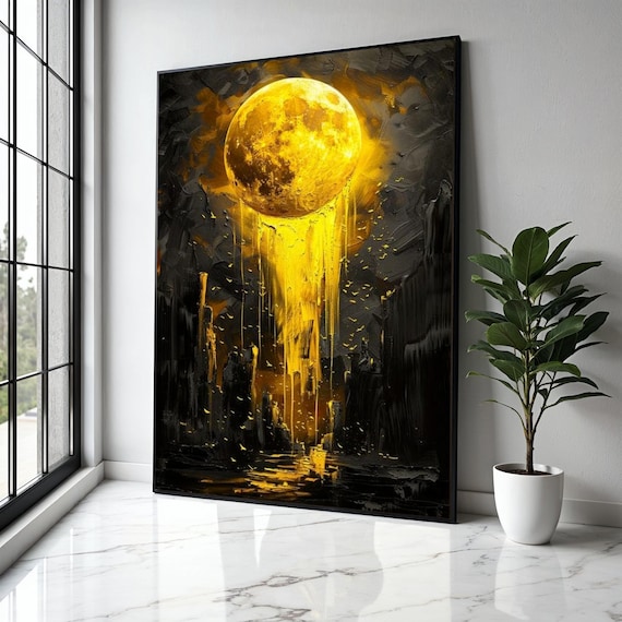 Golden Melting Moon Dripping Gold Paint Dark Modern Abstract Wall Art