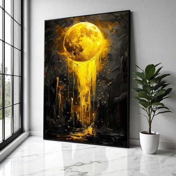 Golden Moon Drip Canvas Abstract Lunar Wall Art Modern Yellow Night Sky Painting Cosmic Decor Surreal Gift Home Print