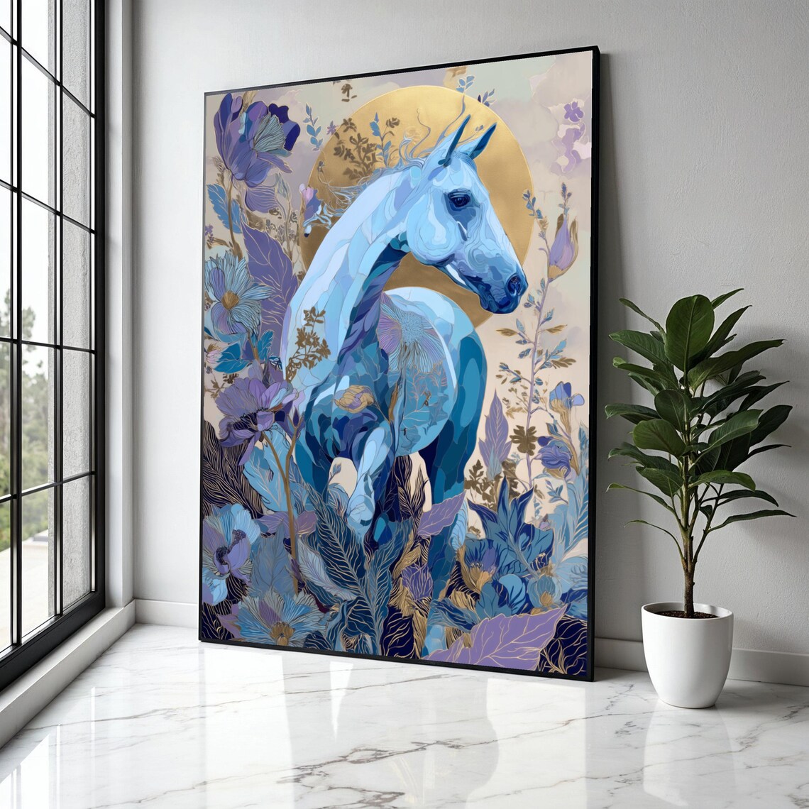 Blue Horse Among Purple And Gold Flowers Ornate Fantasy Poster