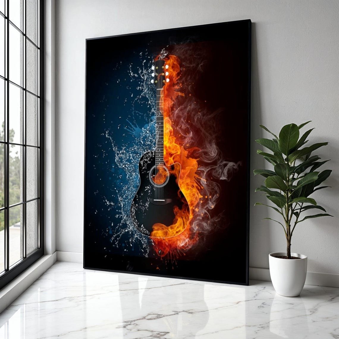 Acoustic Guitar Torn Between Fire And Water Dramatic Wall Art