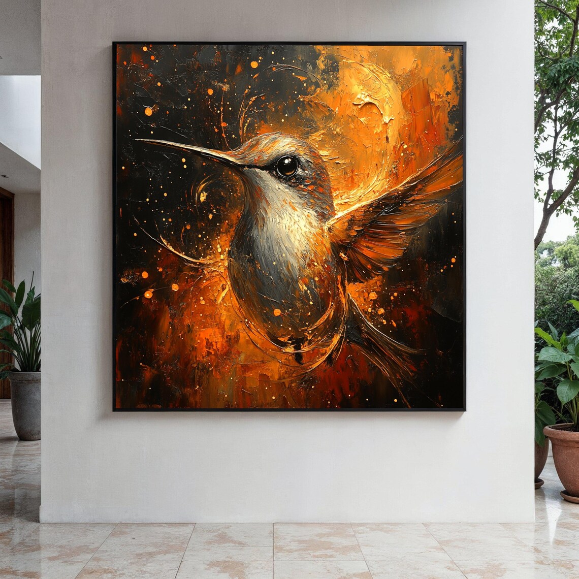 Hummingbird in Flight Fiery Orange Abstract Bird Painting Poster