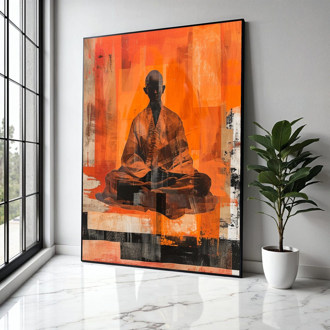 Meditating Monk Silhouette Bold Orange Modern Abstract Zen Art Poster