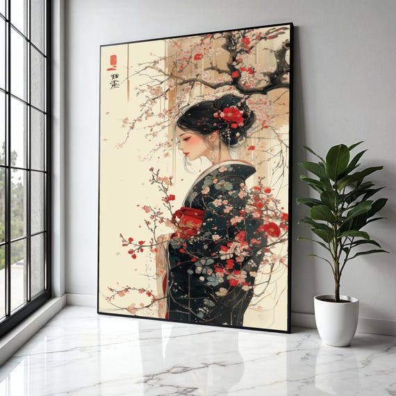 Elegant Geisha Woman With Cherry Blossoms Japanese Kimono Canvas Wall Art Asian Traditional Portrait Floral Gift Home Decor Print