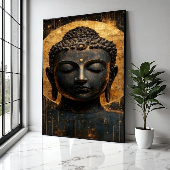 Black Buddha Face Golden Halo Dripping Gold Dark Zen Meditation Poster