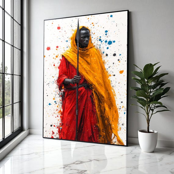 Bold Tribal Warrior Canvas Wall Art African Culture Painting Red And Orange Robe Print Modern Ethnic Gift Home Decor