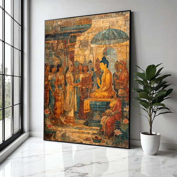 Ancient Indian Buddha Mural Fresco Temple Devotees Spiritual Art Poster