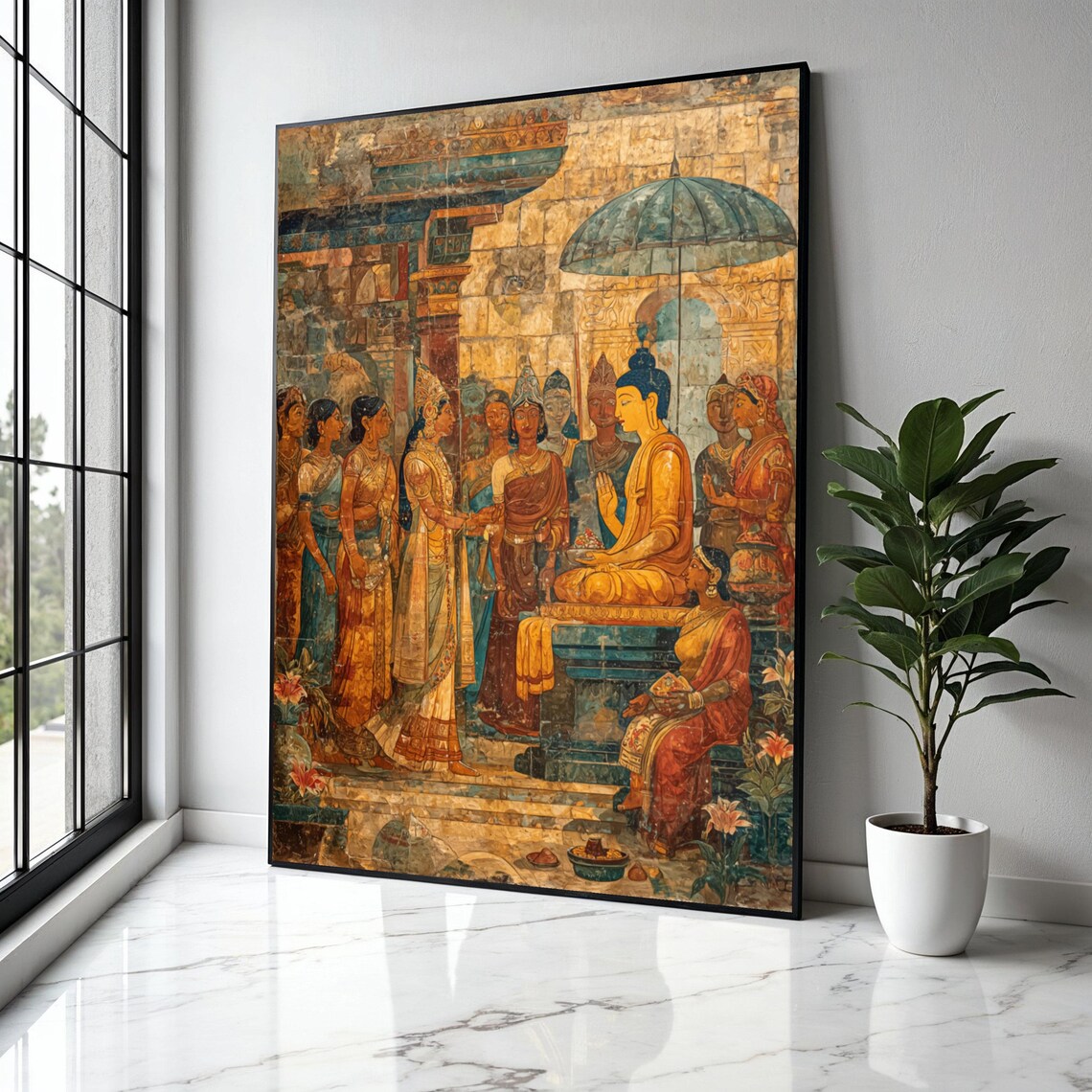 Ancient Indian Buddha Mural Fresco Temple Devotees Spiritual Art Poster