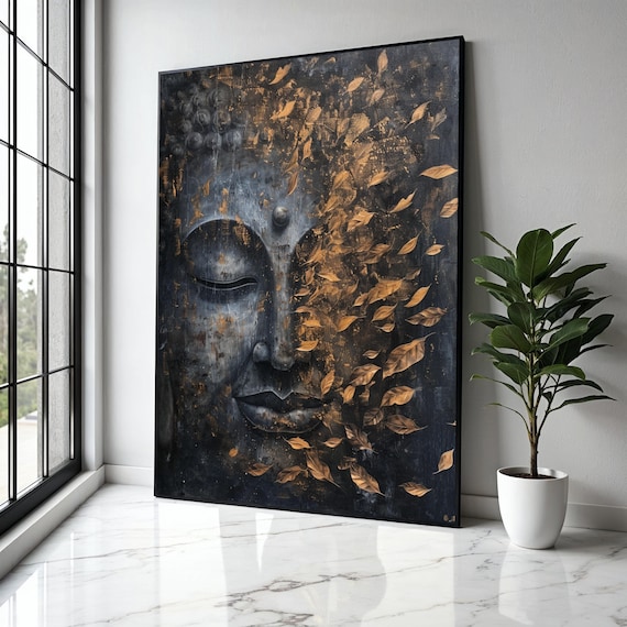 Dark Bronze Buddha Face Falling Golden Leaves Black Art Poster