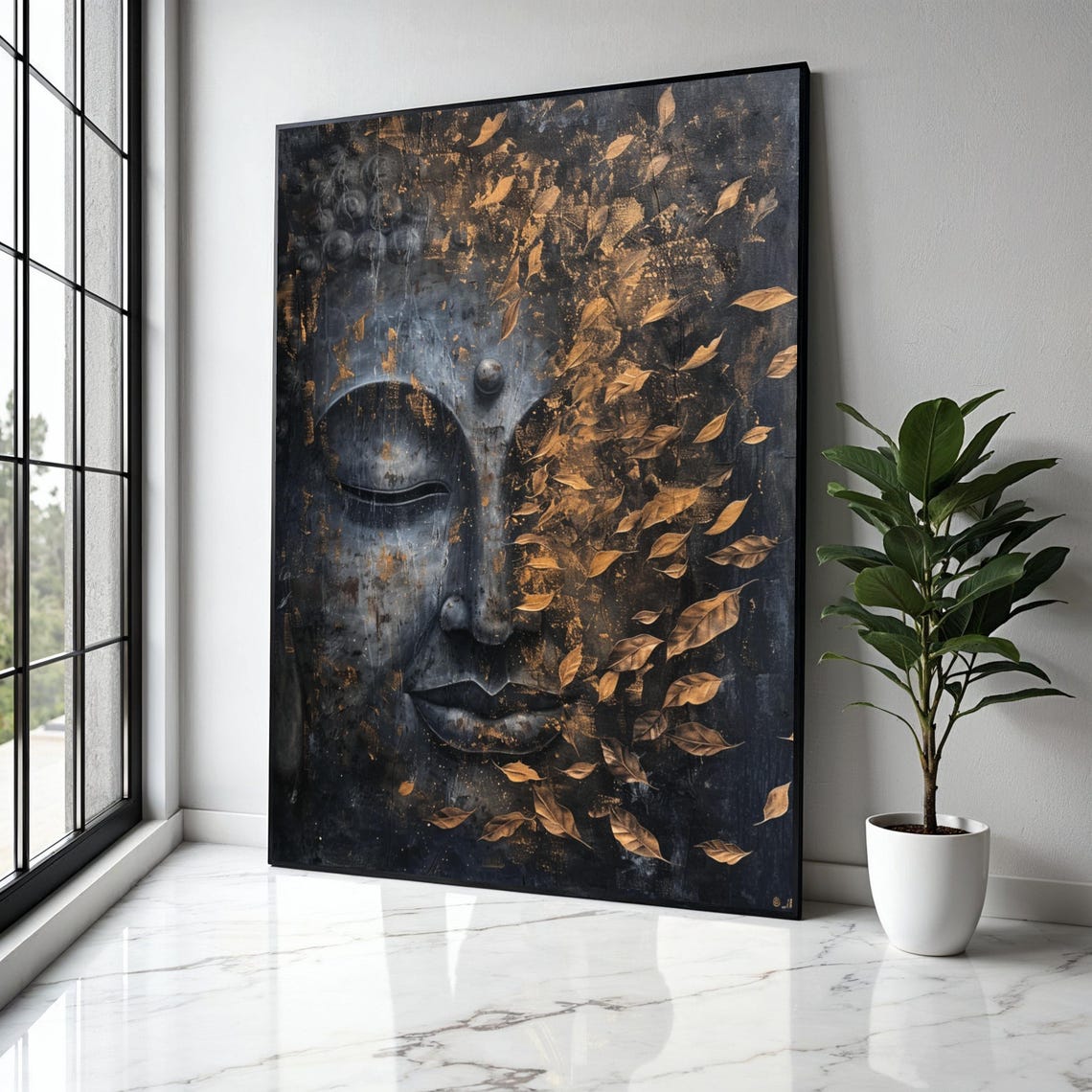 Dark Bronze Buddha Face Falling Golden Leaves Black Art Poster