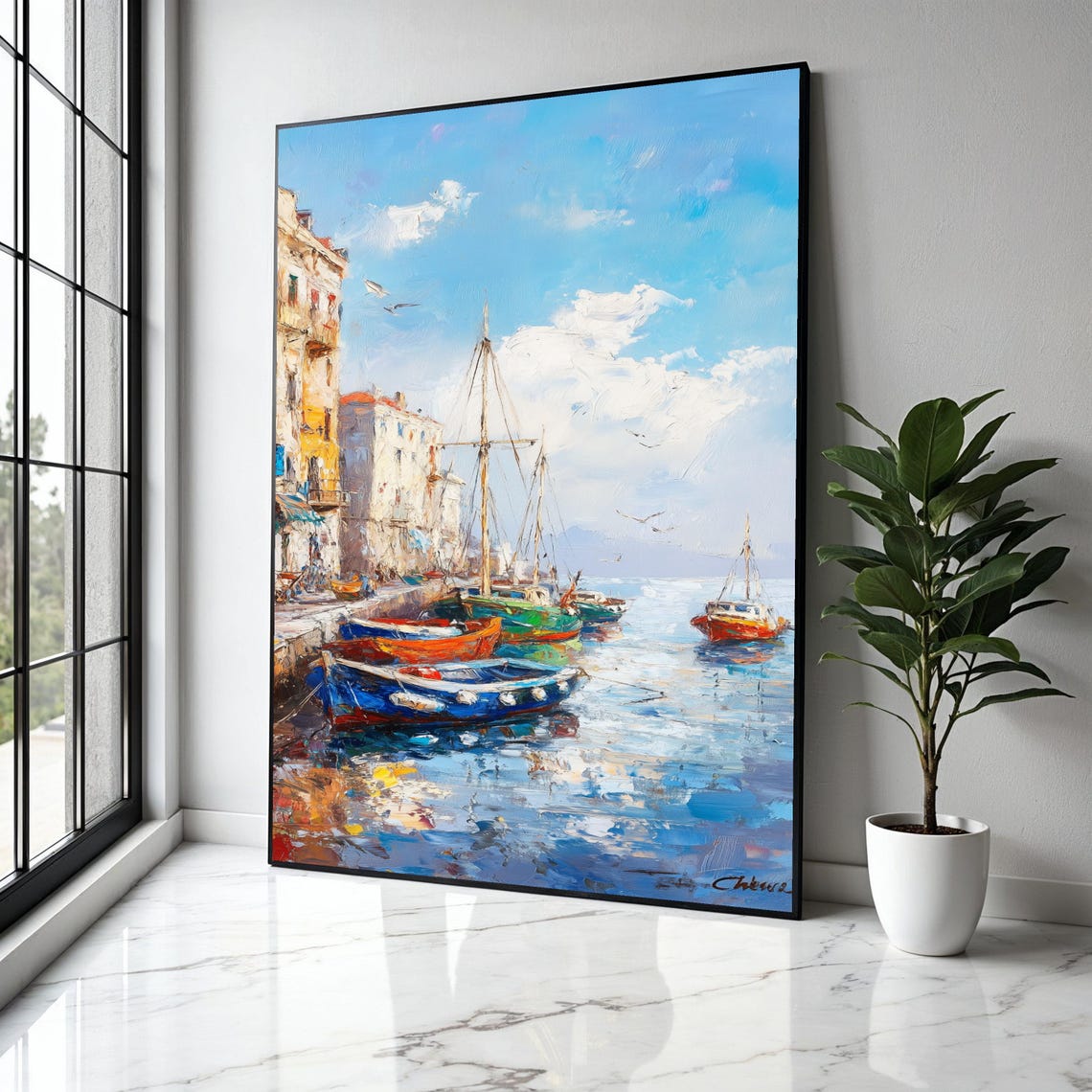 Colorful Harbor Boats Impressionist Sunny Coastal Scene Poster