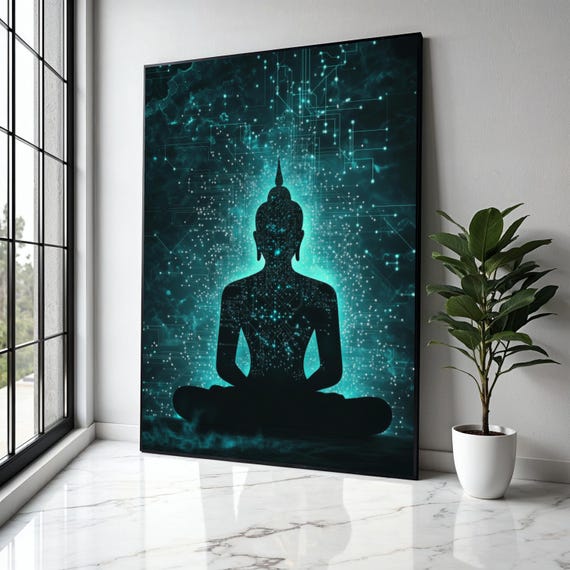 Buddha Silhouette Canvas Meditation Tech Art Spiritual Circuit Wall Modern Zen Decoration Gift Home Decor Print