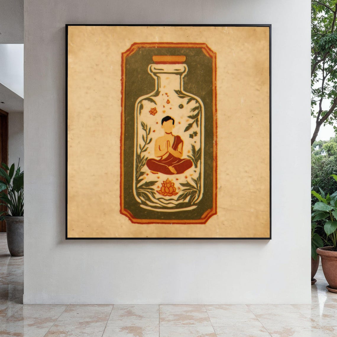 Peaceful Meditation Art Buddha In Bottle Canvas Spiritual Wall Decor Mindfulness Illustration Zen Home Gift Print