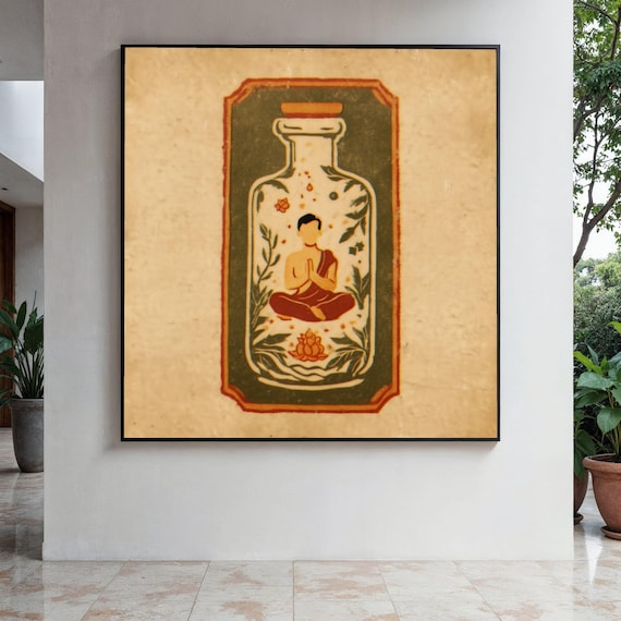 Meditating Monk Inside a Bottle Vintage Botanical Art Poster