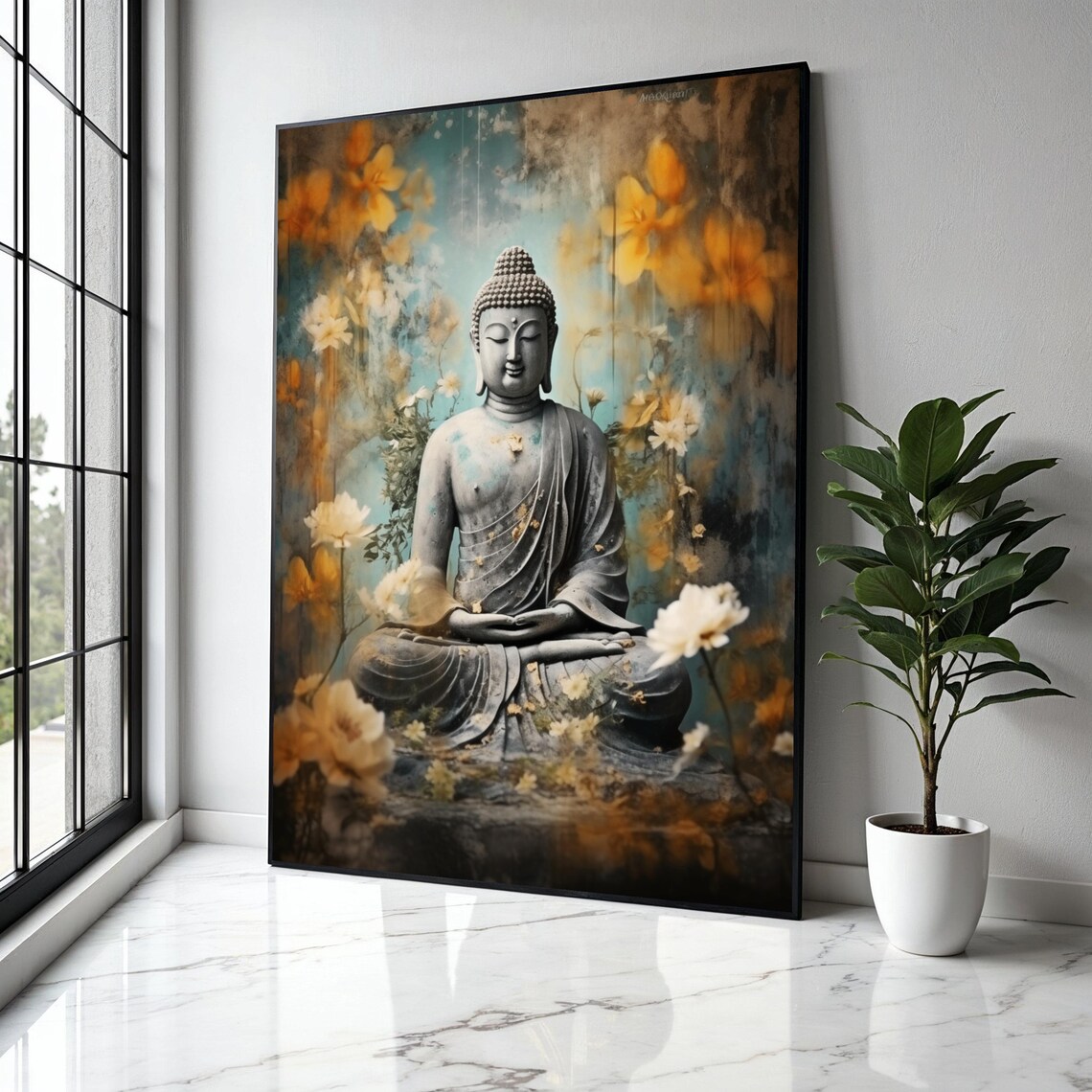 Grey Buddha Meditating Golden White Flowers Teal Canvas Poster
