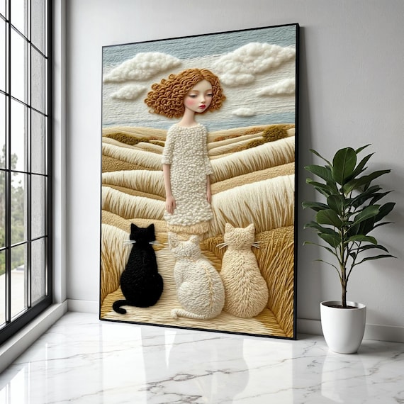 Girl With Three Cats In A Wheat Field In Yarn Textile Style Art Poster
