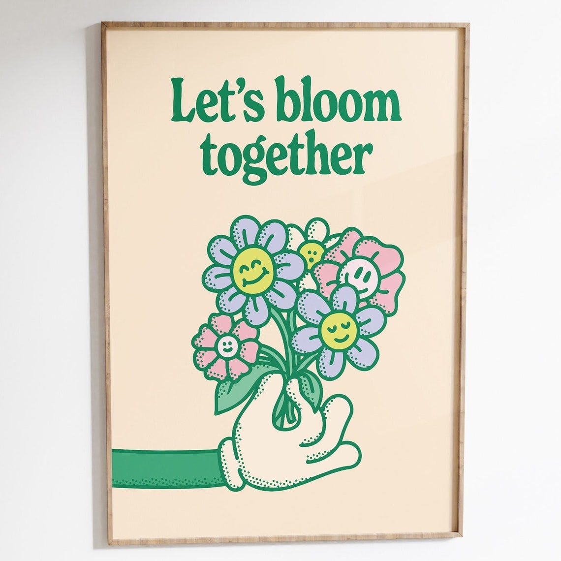 Let's Bloom Together Retro Smiling Flower Bouquet Wall Art Decor