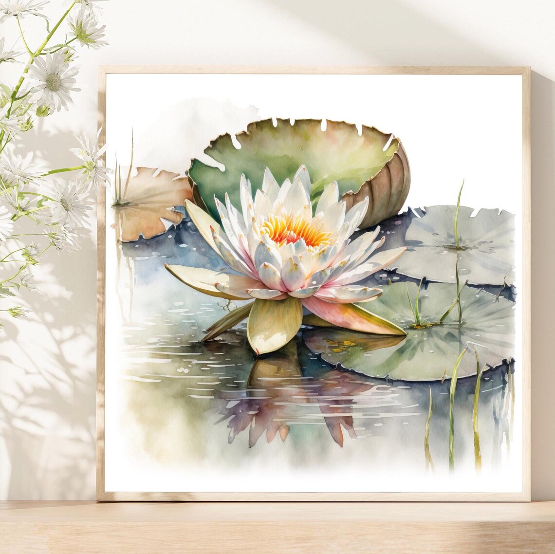 White Watercolor Floral Art Print, Neutral Decor