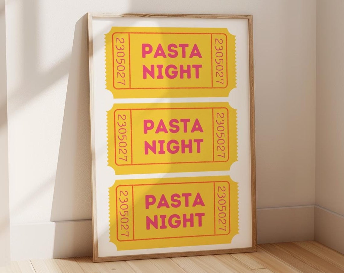 Pasta Night Yellow Retro Cinema Ticket Stub Kitchen Wall Decor Poster