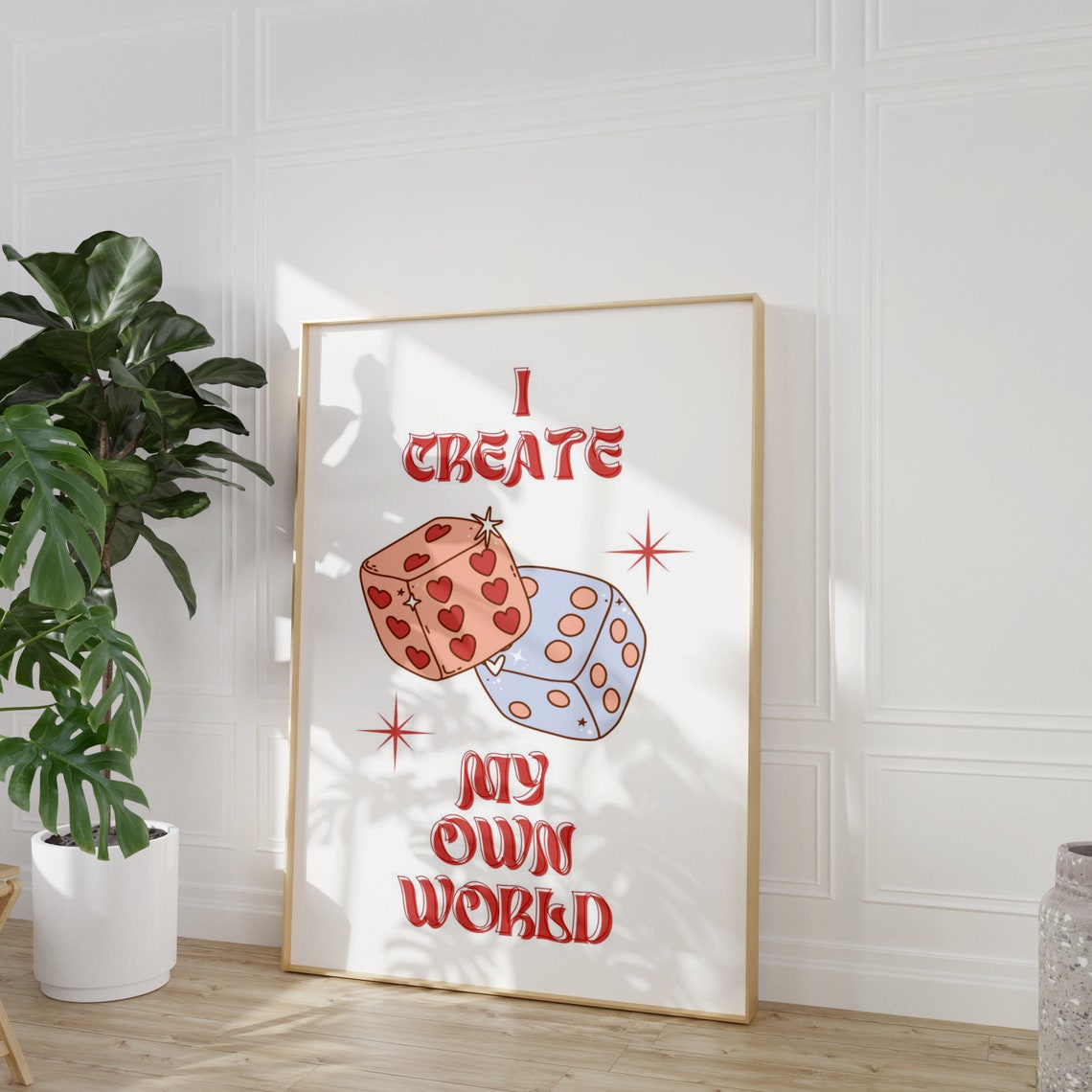I Create My Own World Retro Red Dice Hearts Starburst Quote Poster - Image 3
