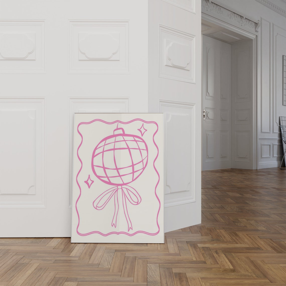 Pink Cute Disco Ball Bow Fine Line Drawing Trendy Girly Wall Art - Image 3