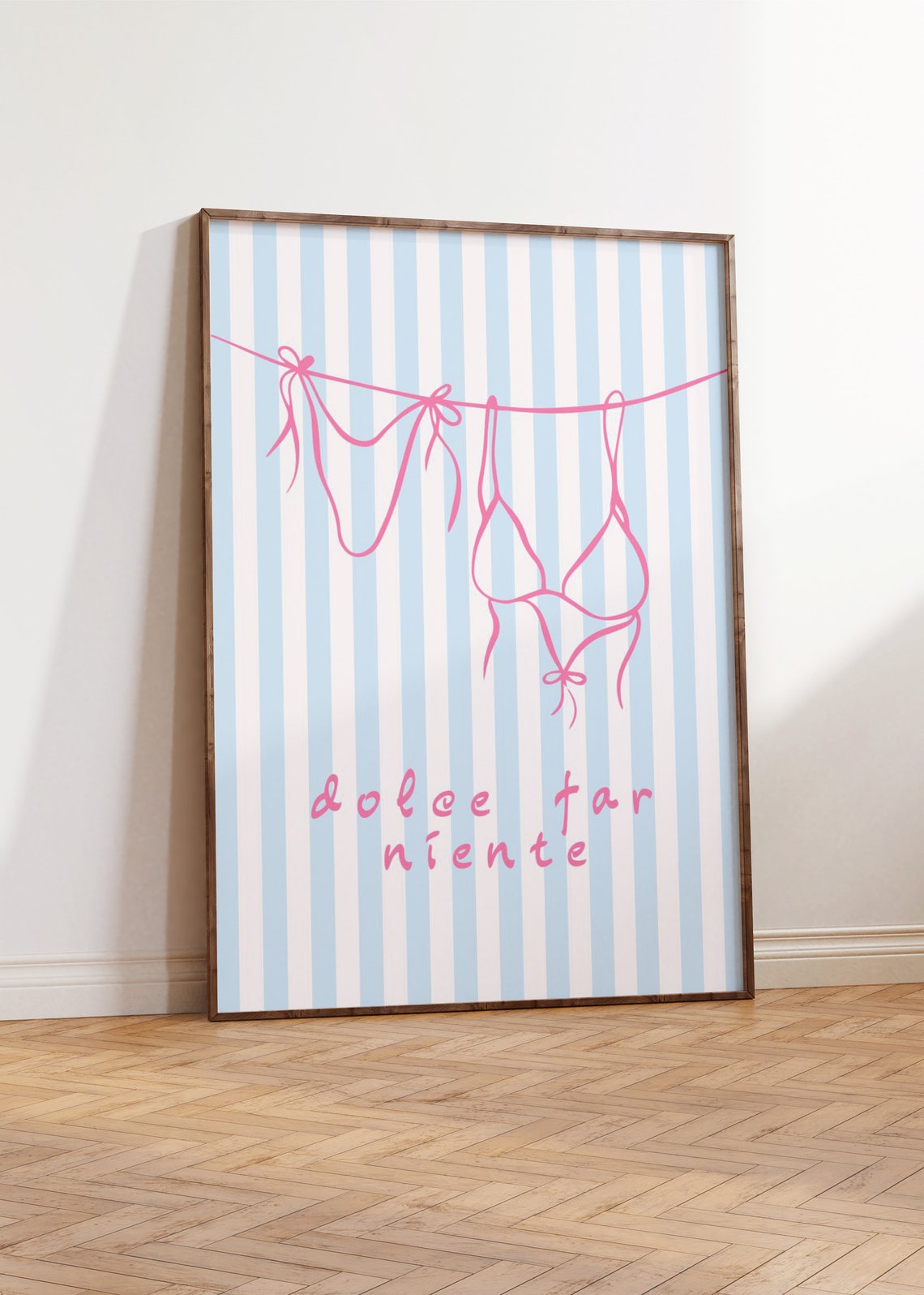 Dolce Far Niente Pink Bikini Clothesline Blue Stripe Beach Poster - Image 3