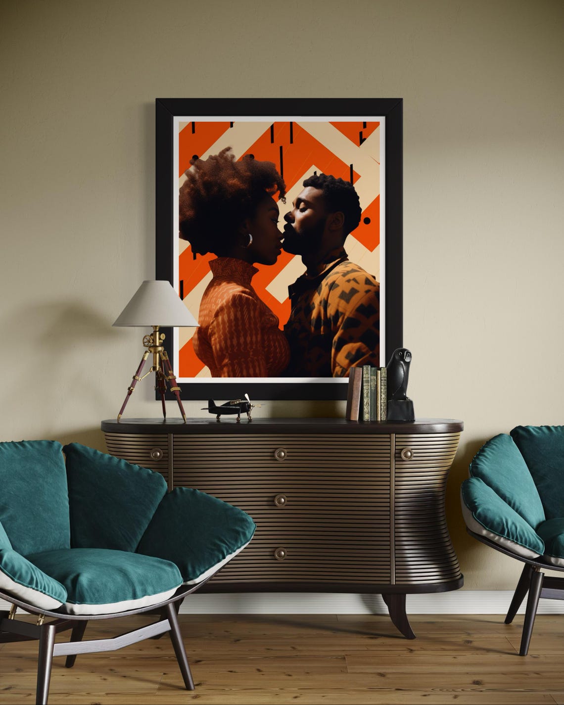 Black Couple Kiss Moment Orange Geometric Modern Romance Poster - Image 3