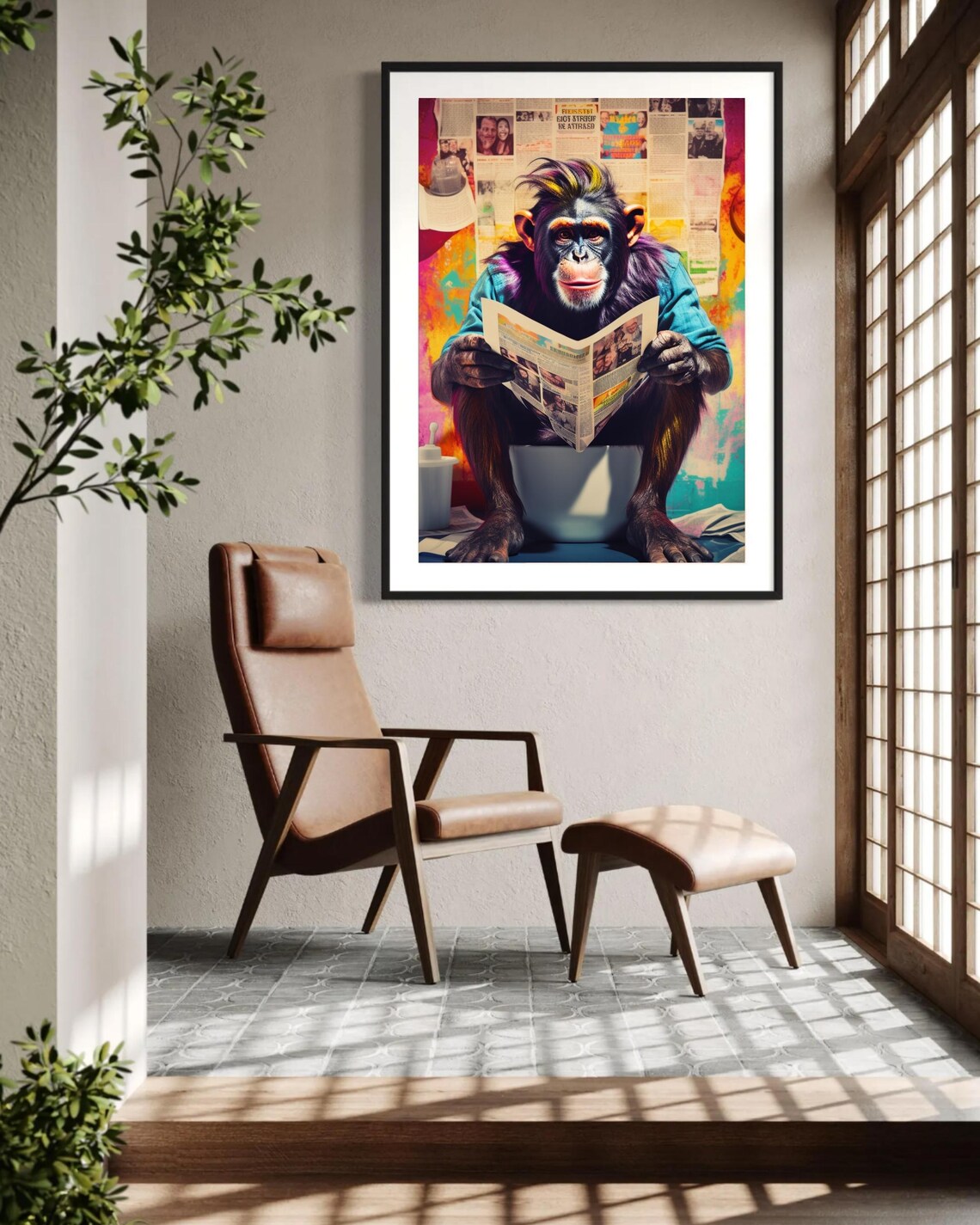 Funny Chimpanzee on Toilet Reading Newspaper Colorful Art Poster - Image 3