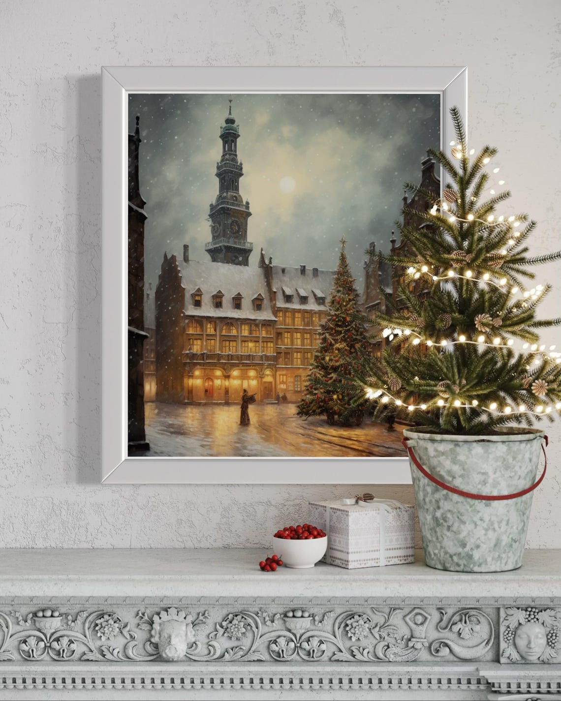Snowy European Town Square Clock Tower Christmas Scene Poster - Image 2