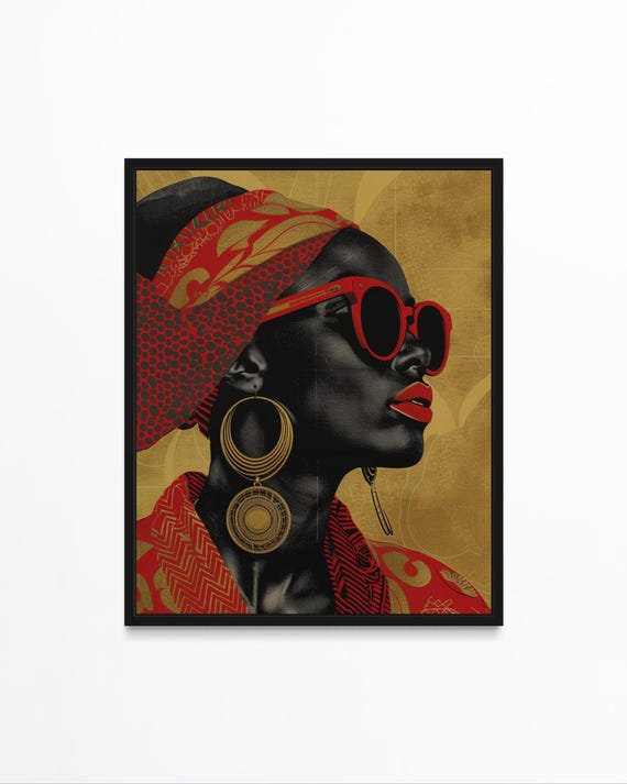 Afrocentric Woman Art Red Sunglasses Gold Jewelry Print Bold African Artwork Vibrant Wall Decor
