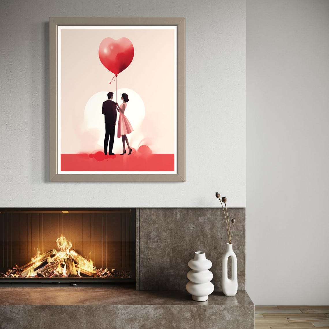 Minimalist Couple Red Heart Balloon Blush Love Scene Poster Home Decor - Image 5