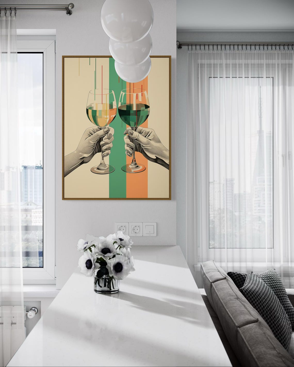 Cheers Wine Glasses Raised Toast Retro Striped Bar Decor Poster - Image 5
