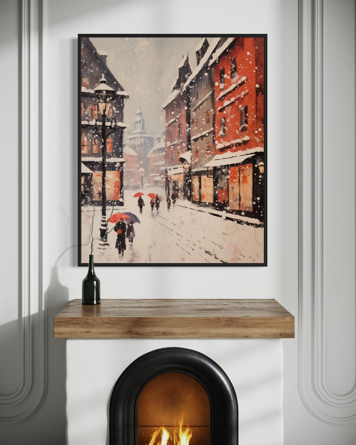 Snowy City Street Red Umbrellas Romantic Winter Scene Wall Poster - Image 2
