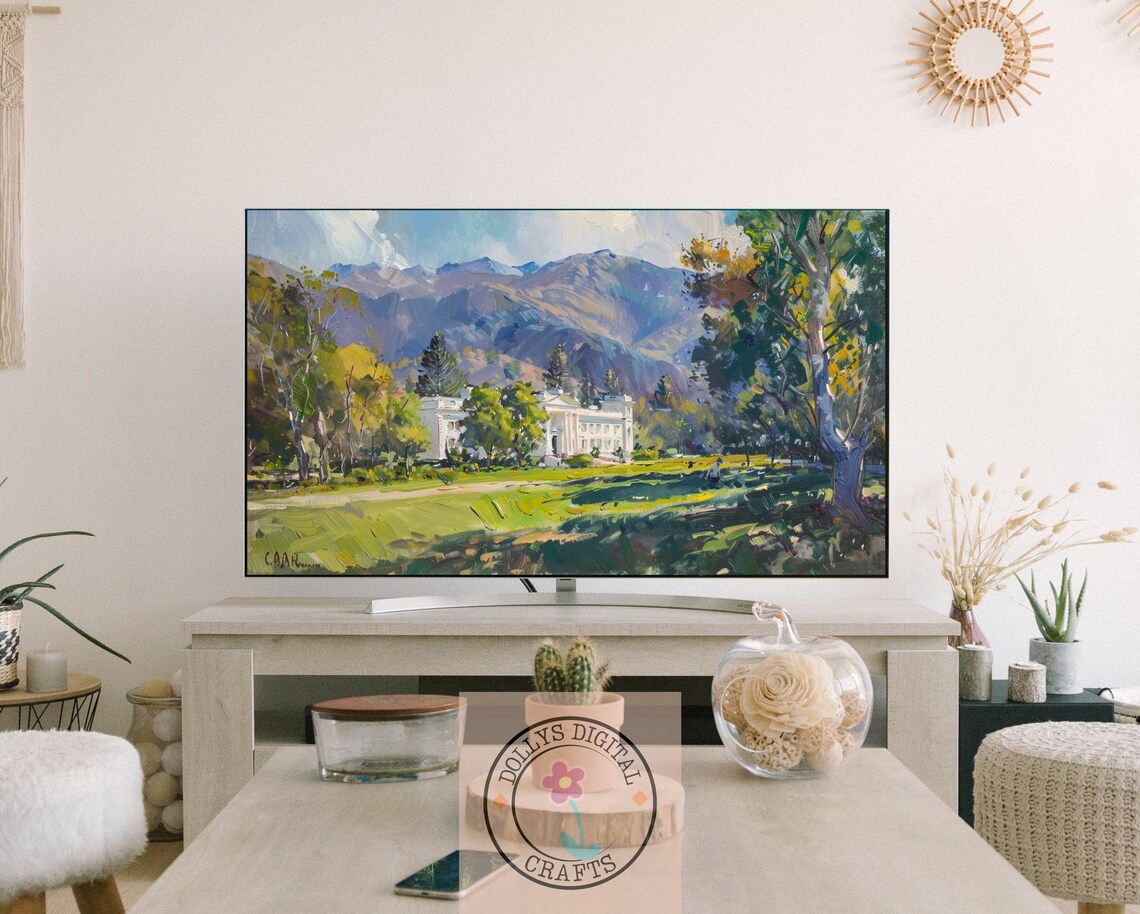 White Mountain Mansion Oil Painting Green Lawn Landscape Poster - Image 3