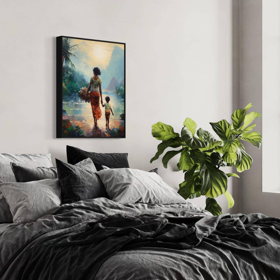 Mother and Child Walking Together Into Misty River Landscape Poster - Image 3