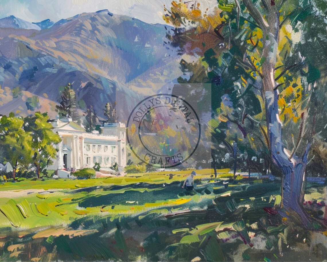 White Mountain Mansion Oil Painting Green Lawn Landscape Poster - Image 4