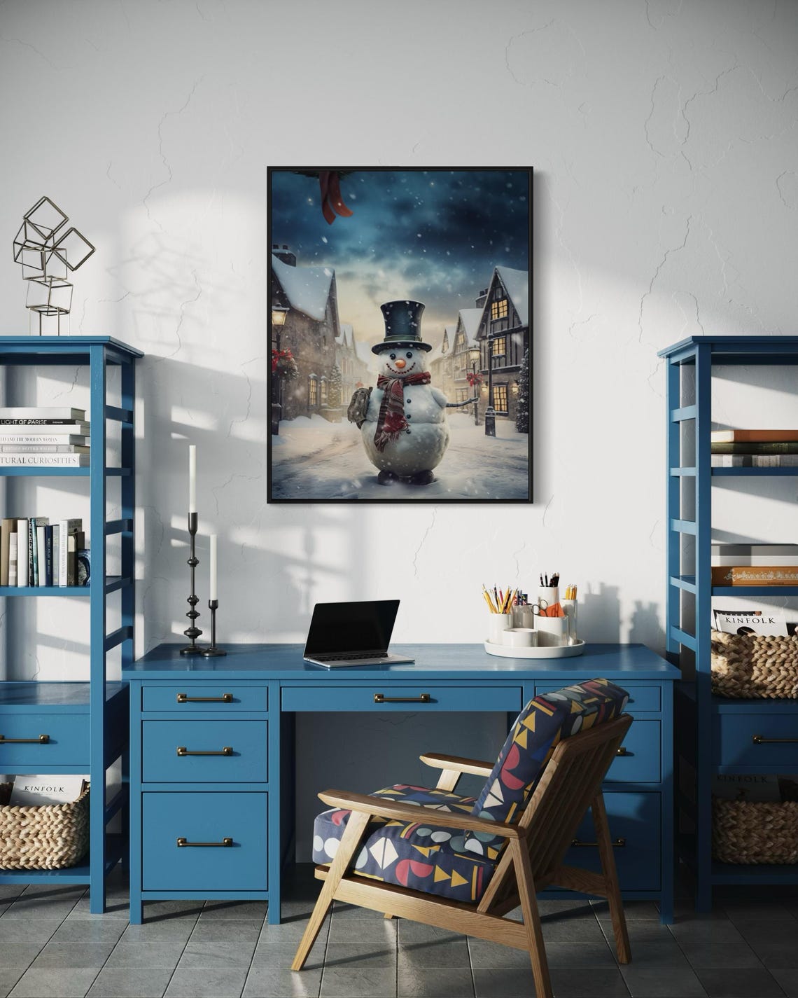 Cute Snowman Top Hat Scarf Snowy Village Street Christmas Art Print - Image 6