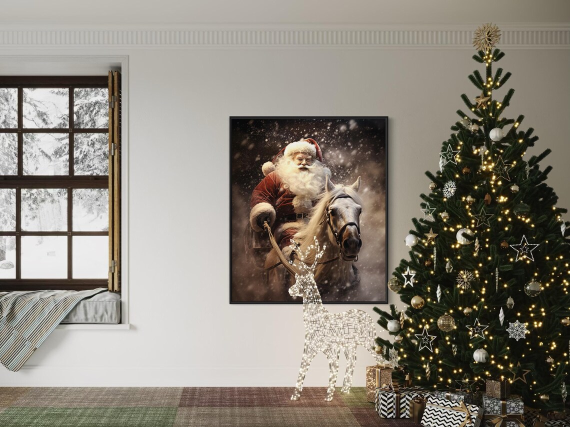 Vintage Santa Claus Riding White Horse Snowy Christmas Scene Poster