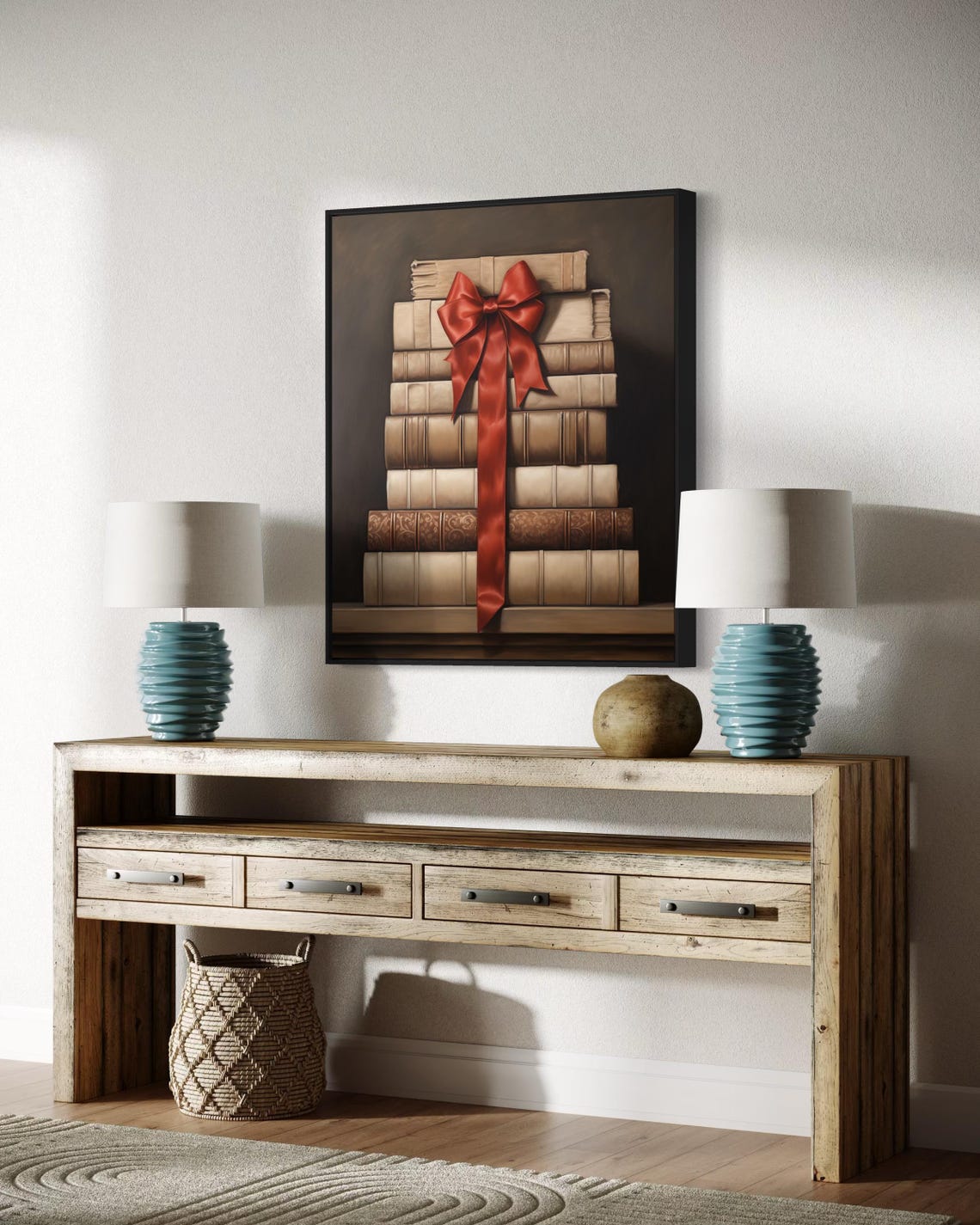 Antique Books Stack Red Ribbon Bow Vintage Library Decor Wall Art - Image 5