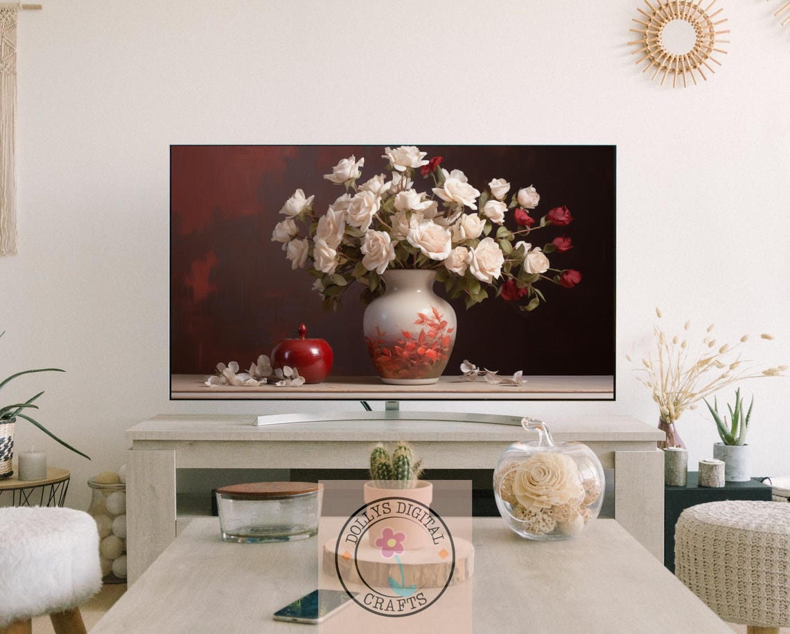 White Red Roses Painted Vase Still Life Dark Romantic Poster - Image 3