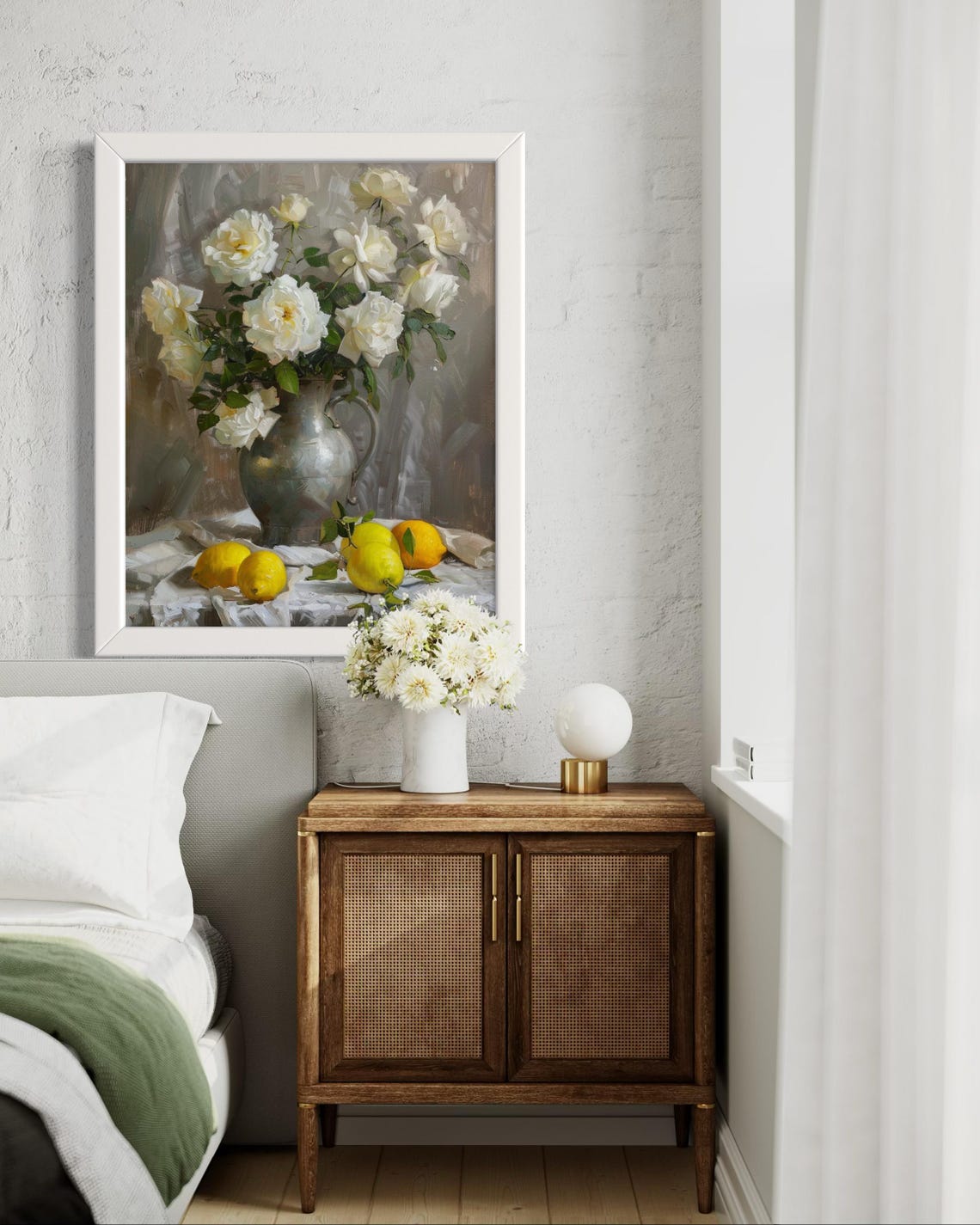 White Roses In Pitcher With Lemons Classic Still Life Art Poster - Image 4