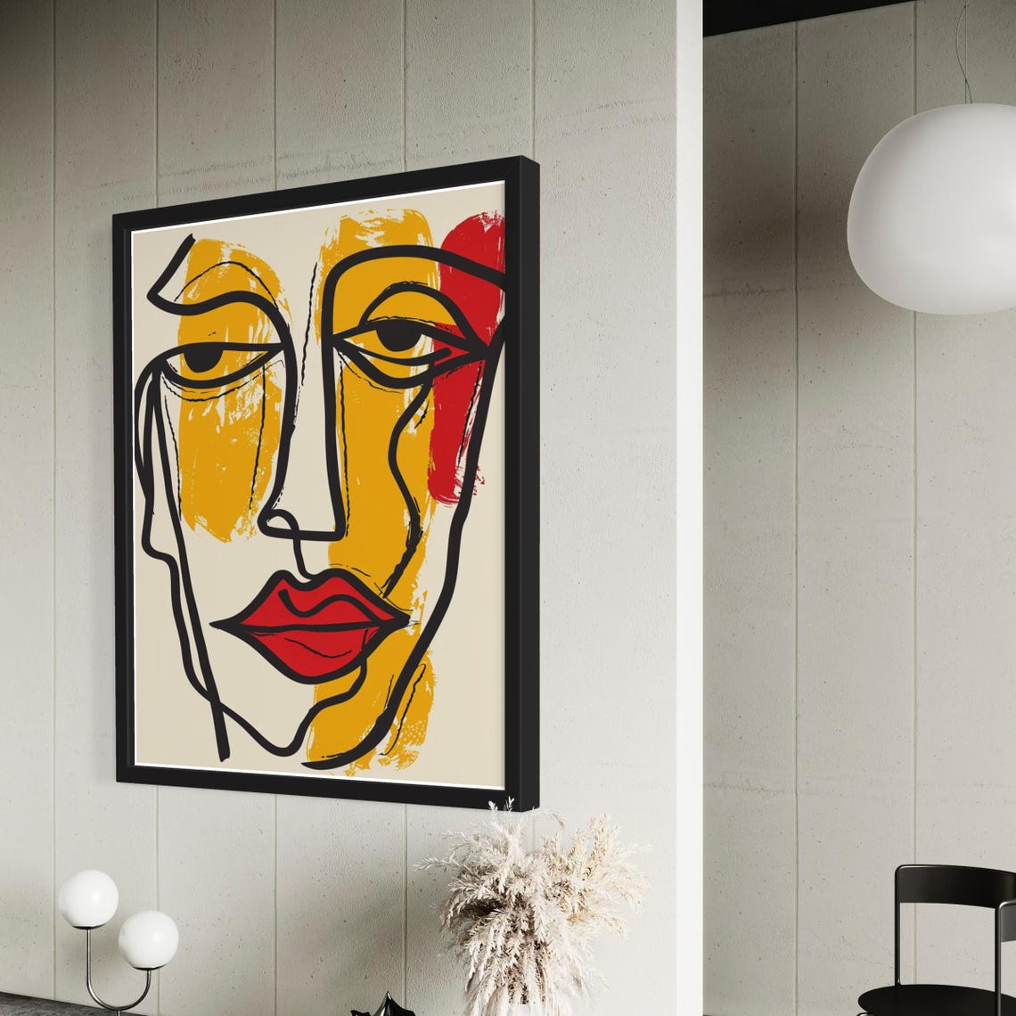 Abstract Face Bold Line Drawing Ochre Red Lips Modern Art Poster - Image 4