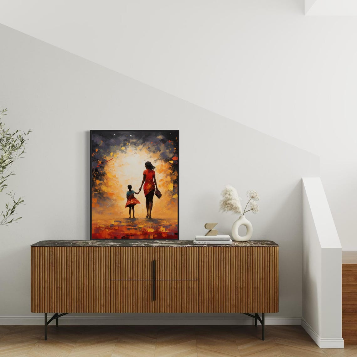 Mother and Child Walking Into Golden Light Silhouette Art Poster - Image 5