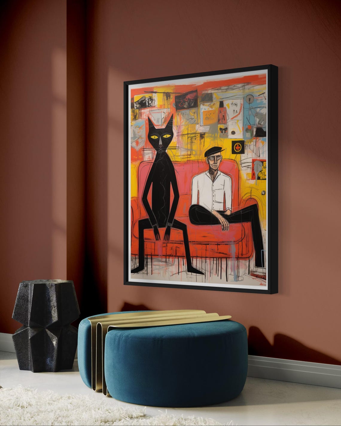 Man And Black Cat On Red Sofa Graffiti Abstract Urban Art Poster - Image 6
