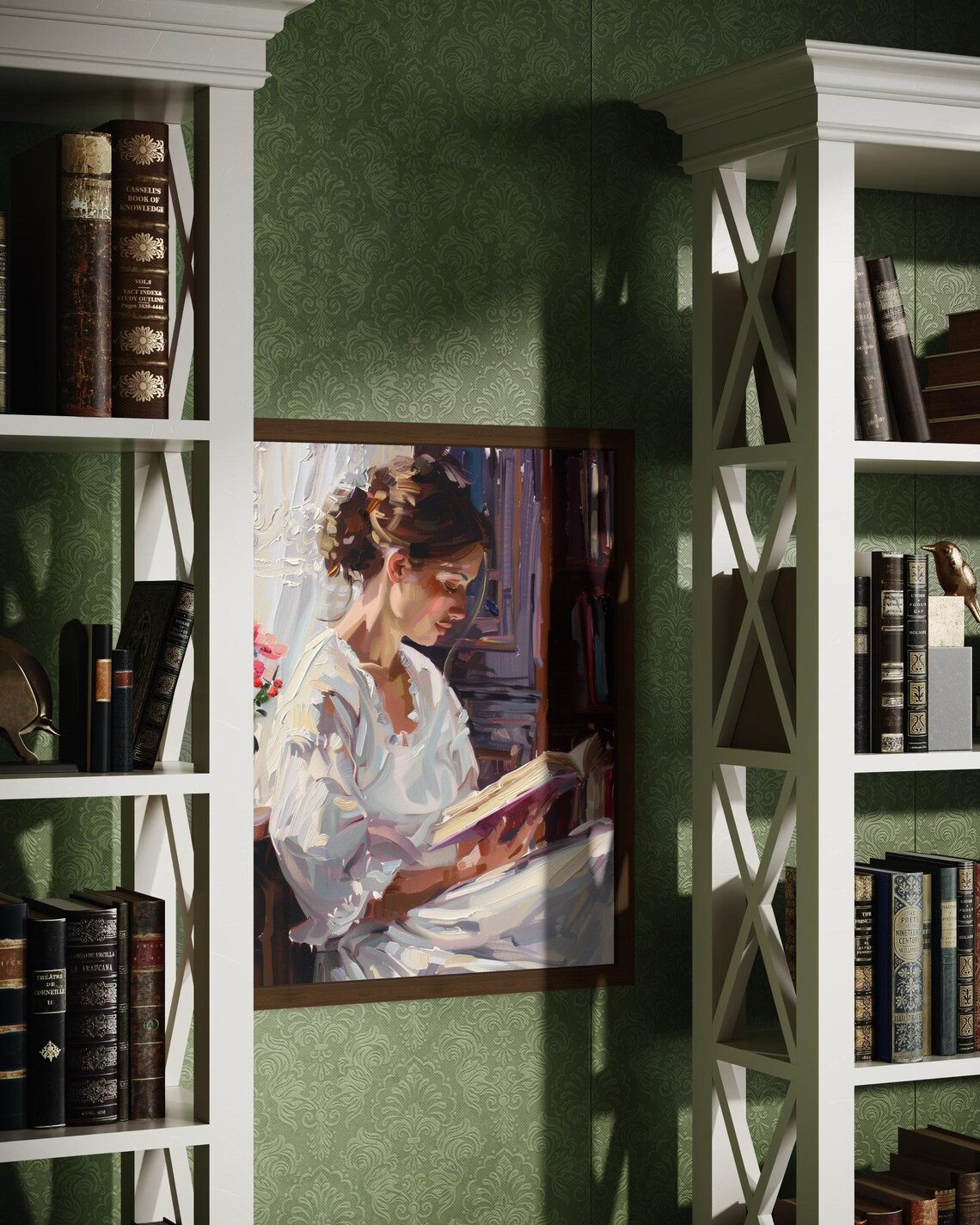 Woman Reading In White Dress Impressionist Library Oil Art Poster - Image 5