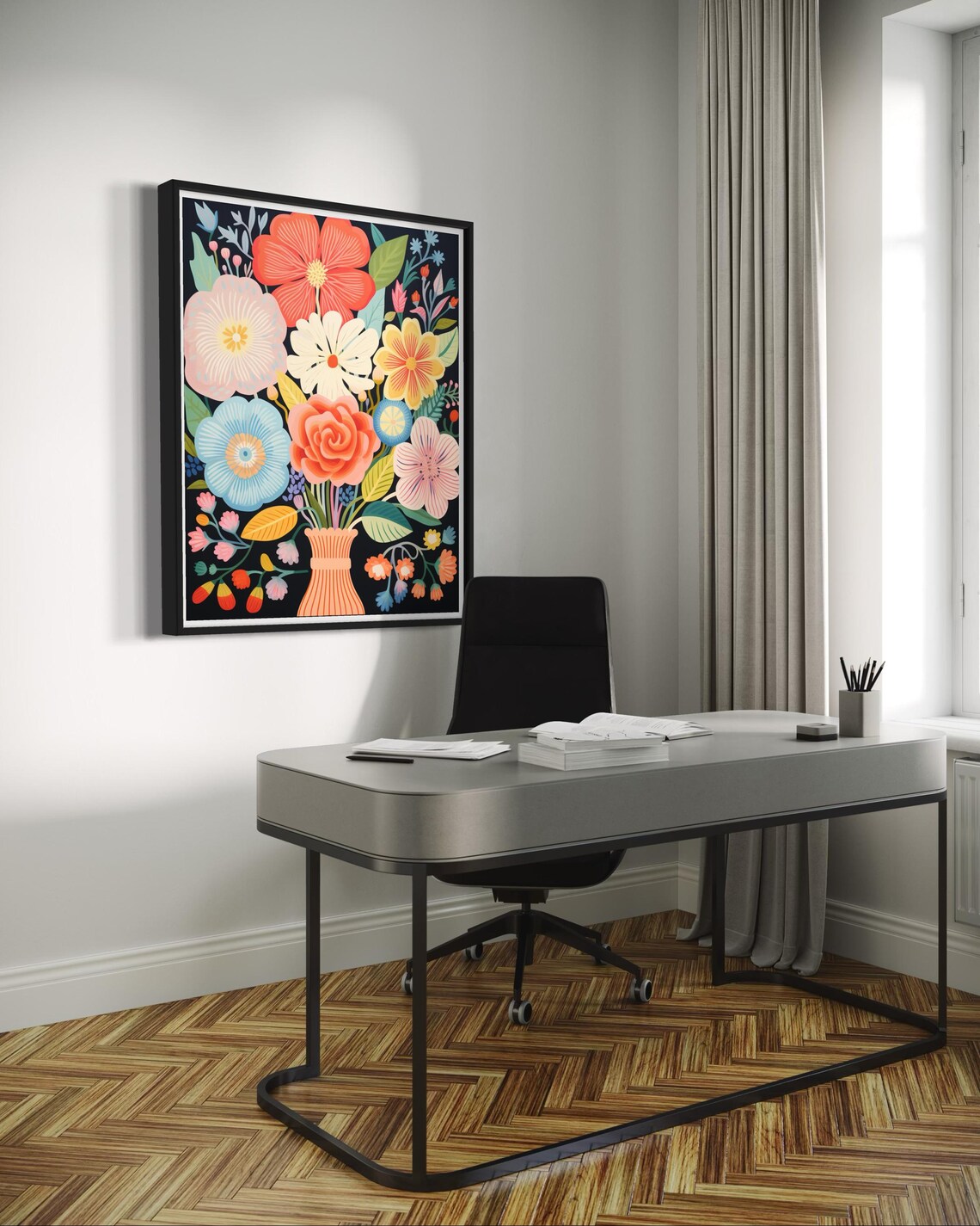 Coral And Blue Flower Bouquet In Vase On Black Botanical Poster - Image 3