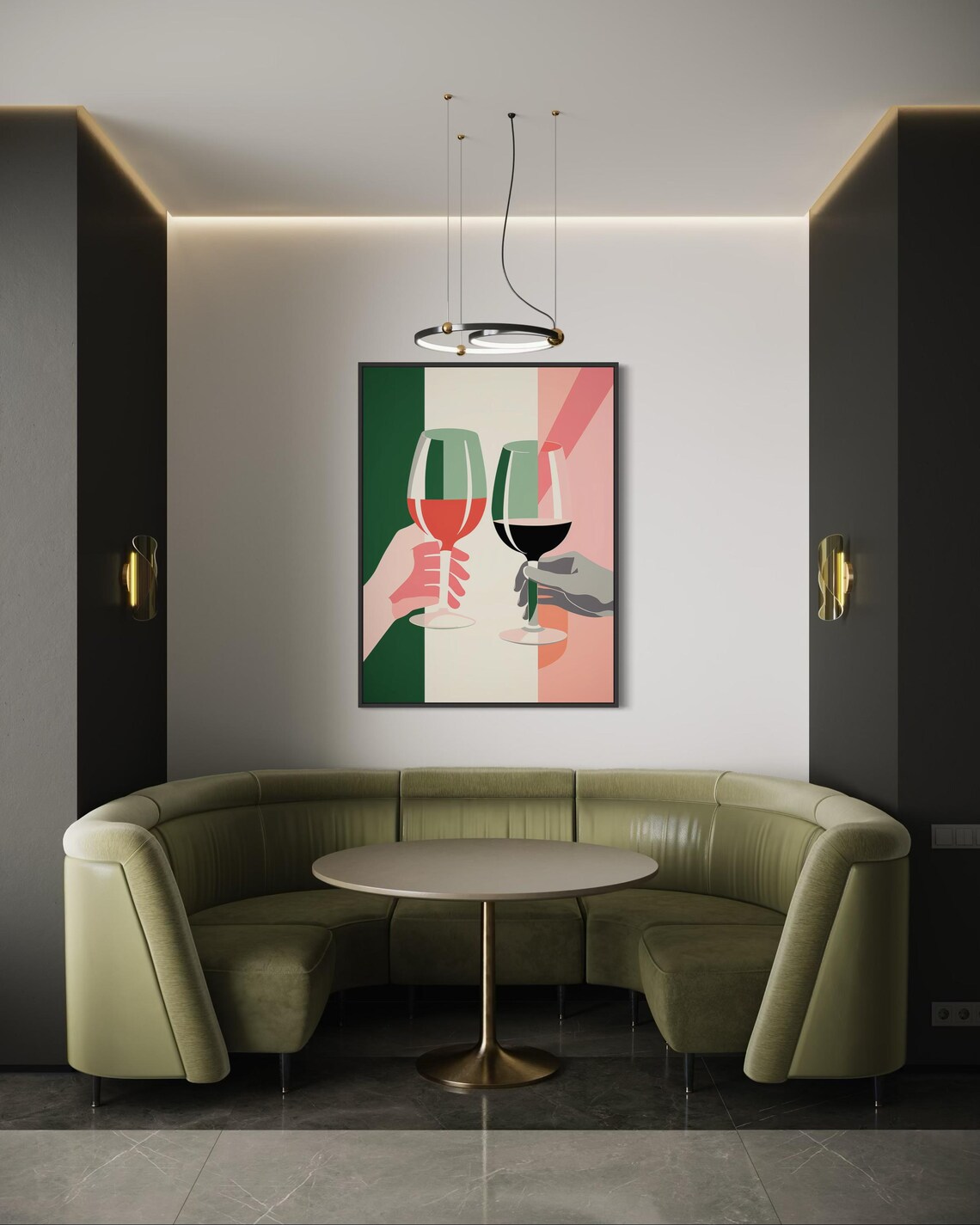 Modern Retro Wine Glass Toast Hands Green Pink Striped Wall Art - Image 4
