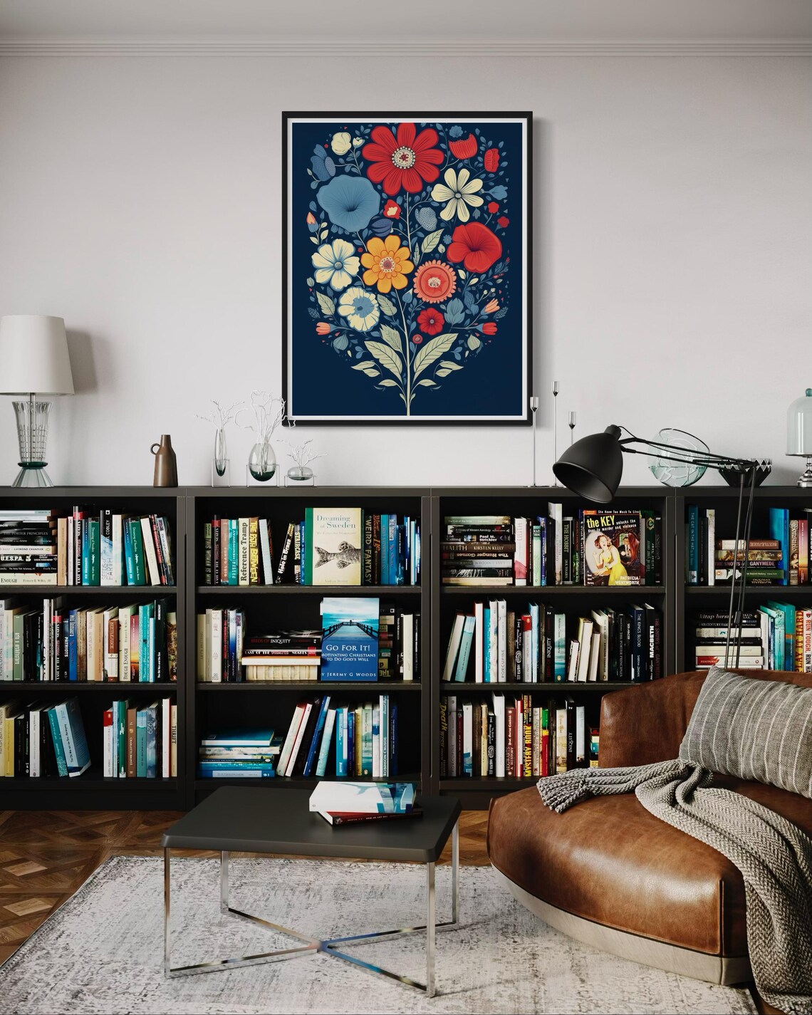 Folk Flower Bouquet On Dark Navy Red Orange Blossom Art Poster - Image 3